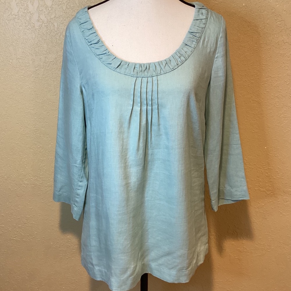 Boden 100% Linen Light Blue Blouse Size US 8, scoop‎ neck 3/4 length sleeves